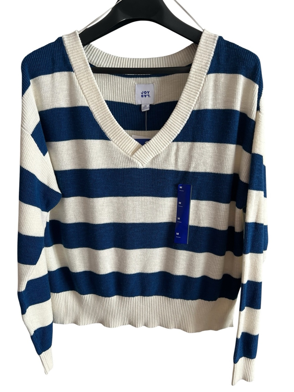 JoyLab NWT Medium Navy & Cream Striped V-Neck Pullover Sweater - 💯 Natural